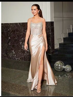 Gianni Bini Beaded Satin Prom Gown in Champagne